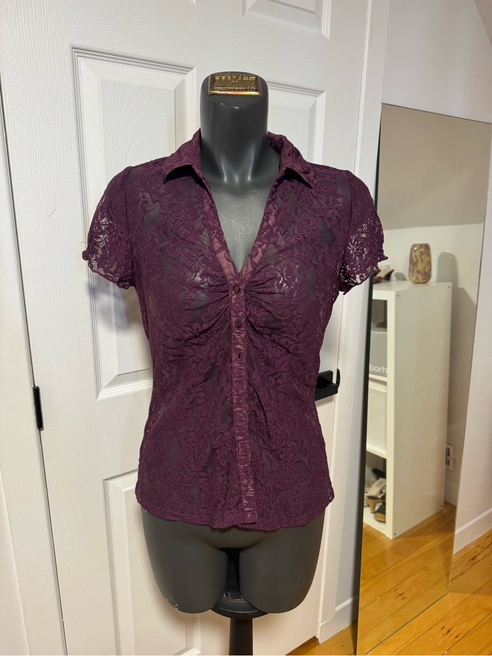 Lace Short-Sleeve Button Front Top in Deep Plum